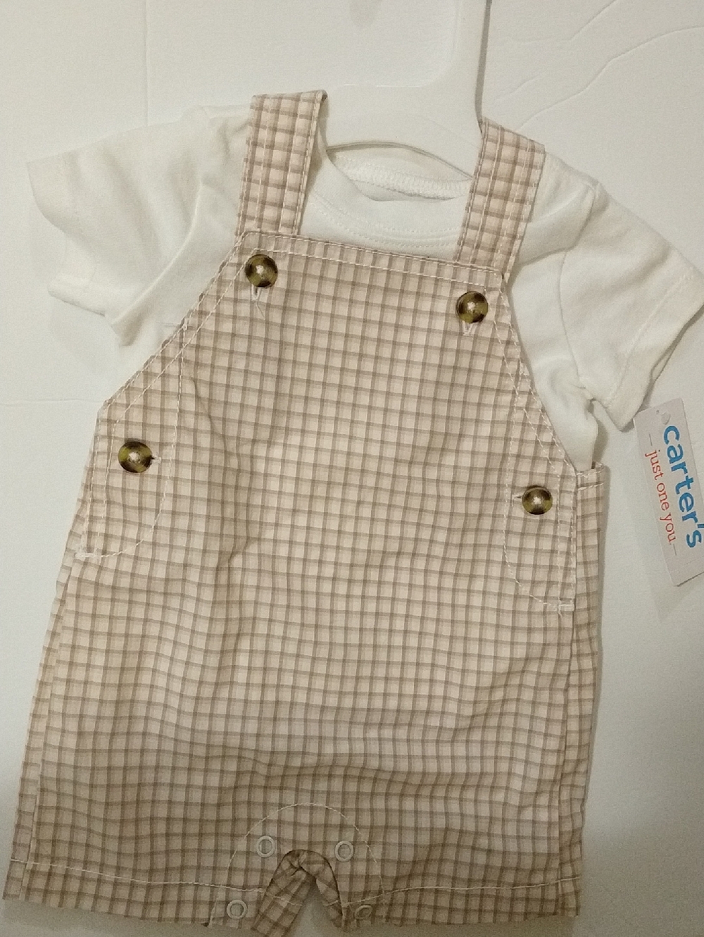 Carter's Beige Plaid Shortall with White Tee - 3 Months